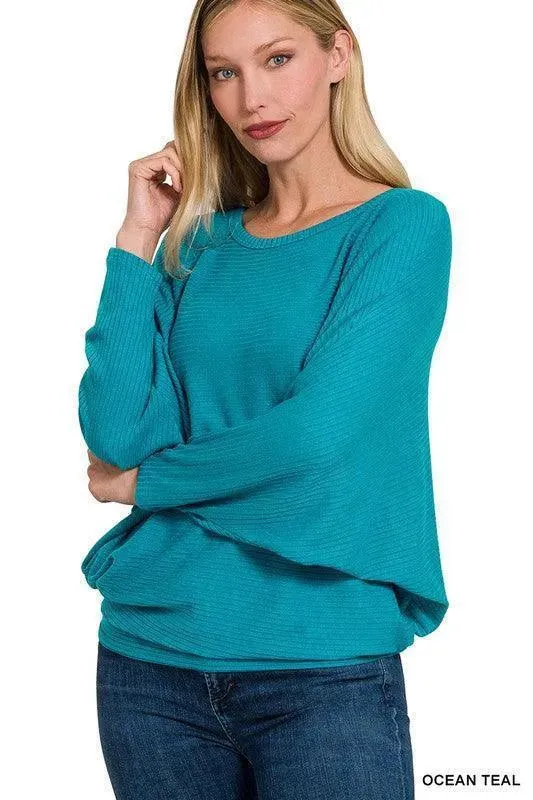 Ribbed Batwing Long Sleeve Boat Neck Sweater