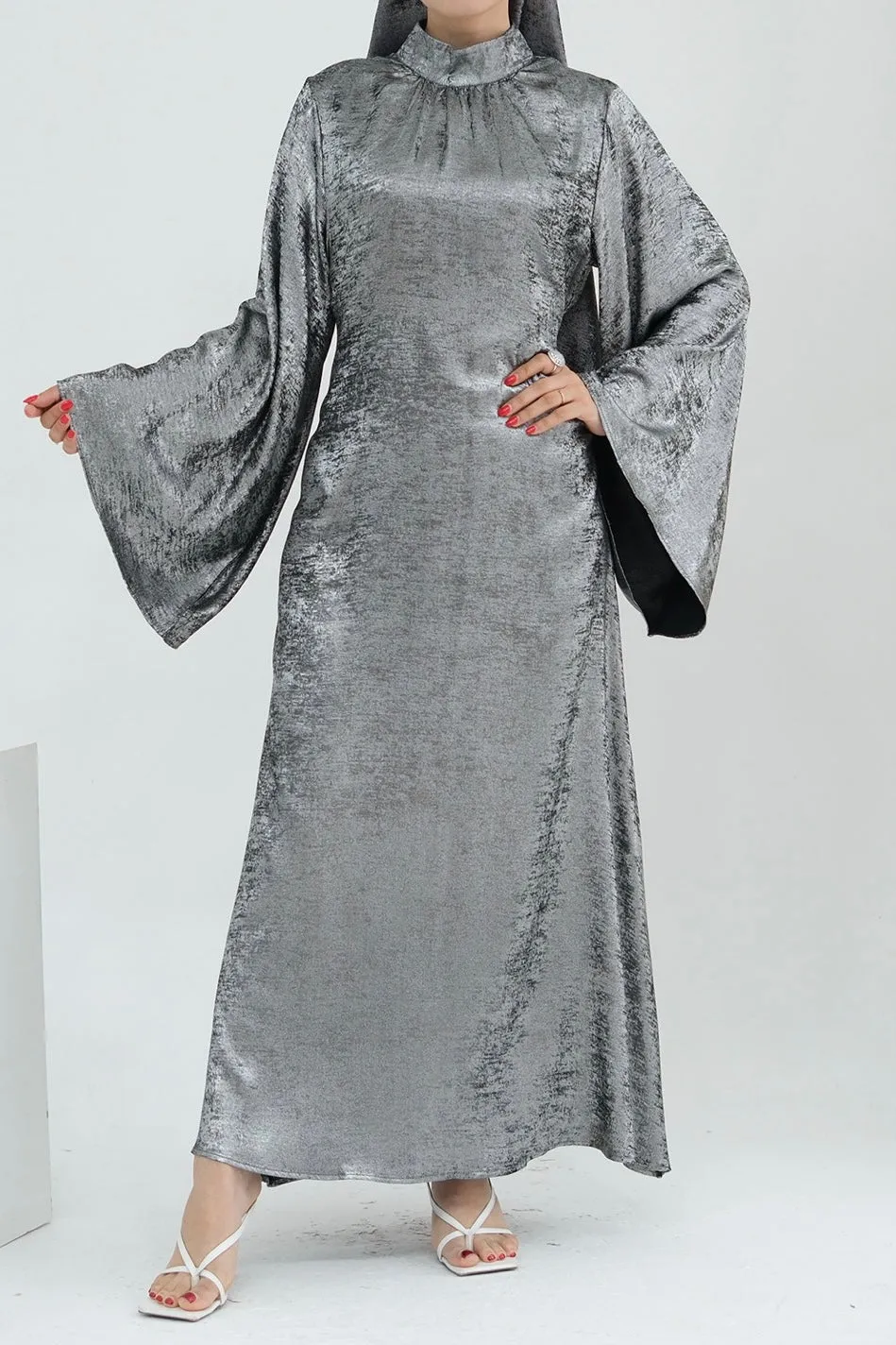 Rola Shiny High Collar Maxi Dress Abaya 777-Dark grey