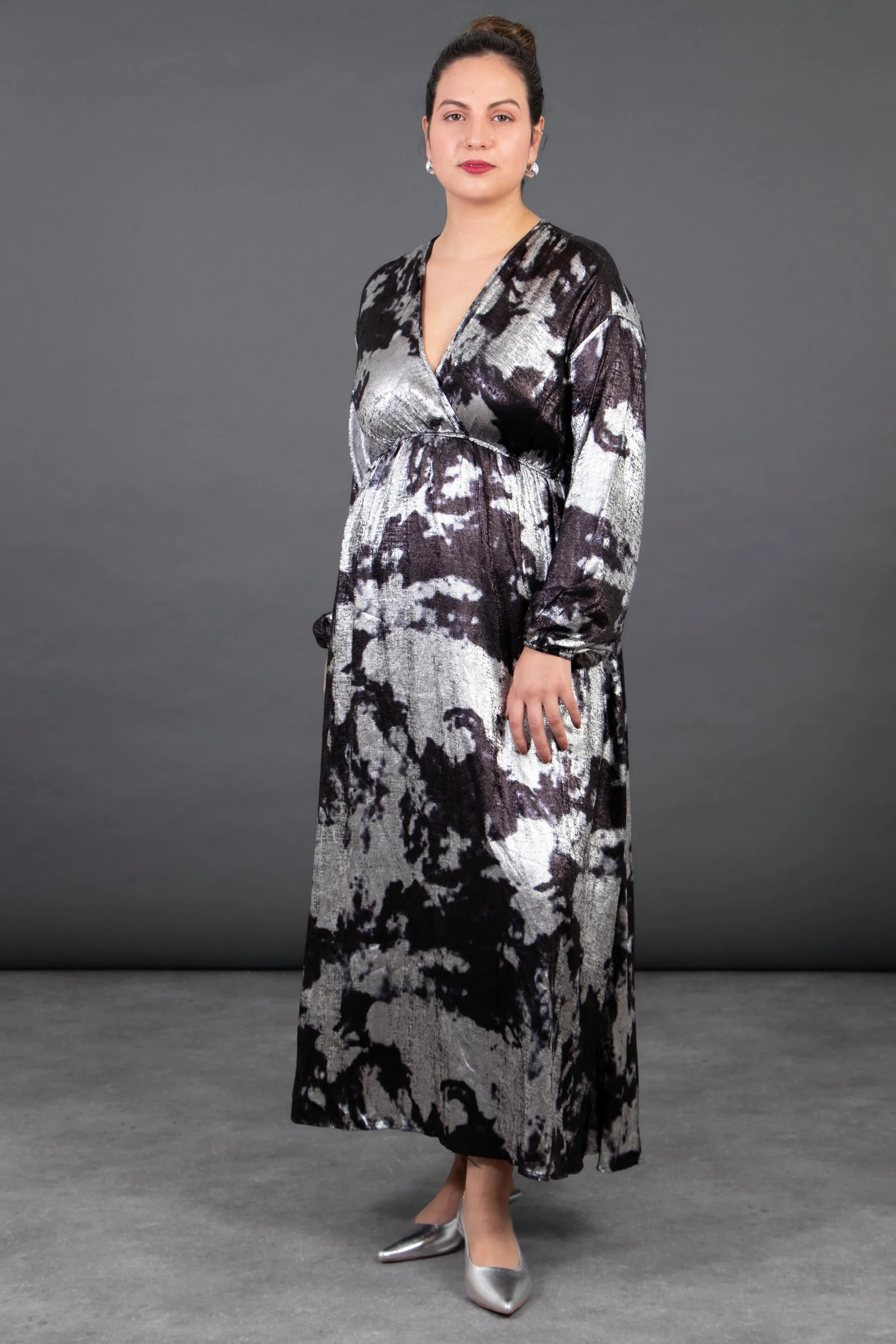 Ruby Wrap Top Maxi Dress in Silver, Metallic Oil Slic