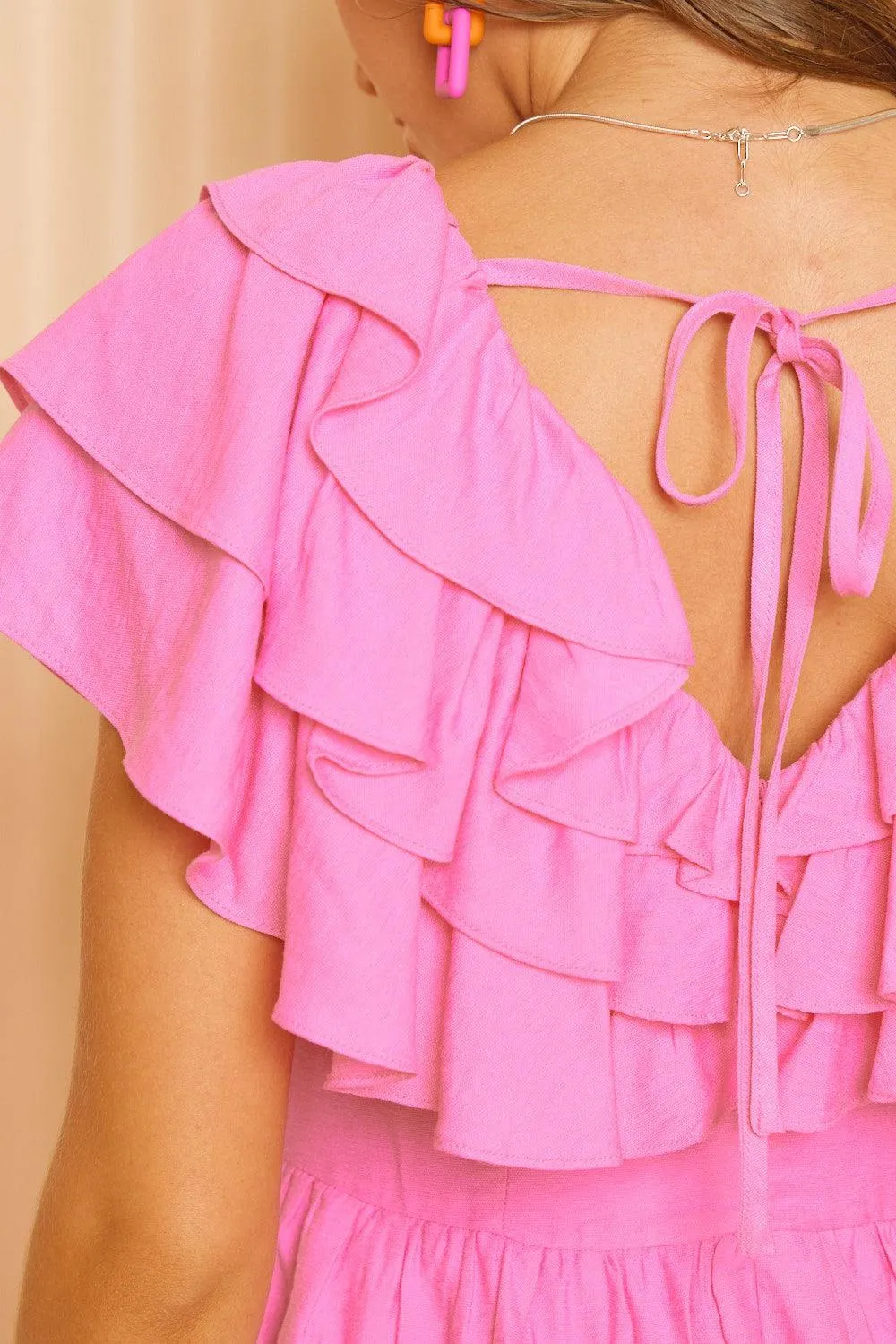 Ruffled Pink Layered Tie Back Romper