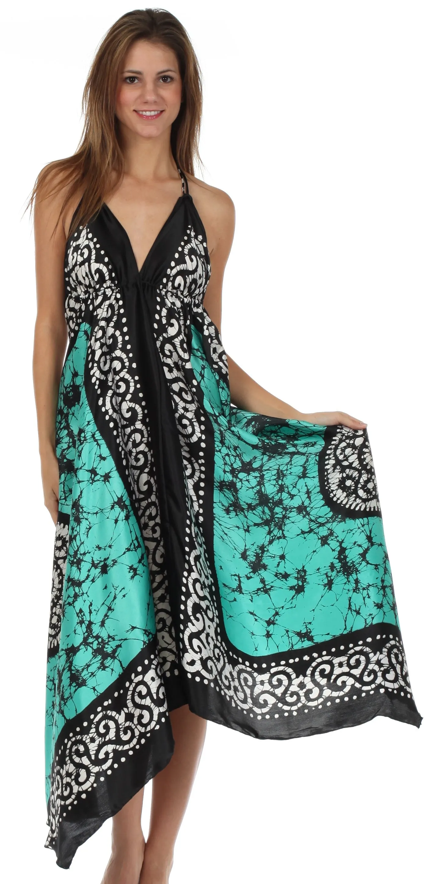 Sakkas Silky V-Neck Halter Handkerchief Hem Maxi Dress