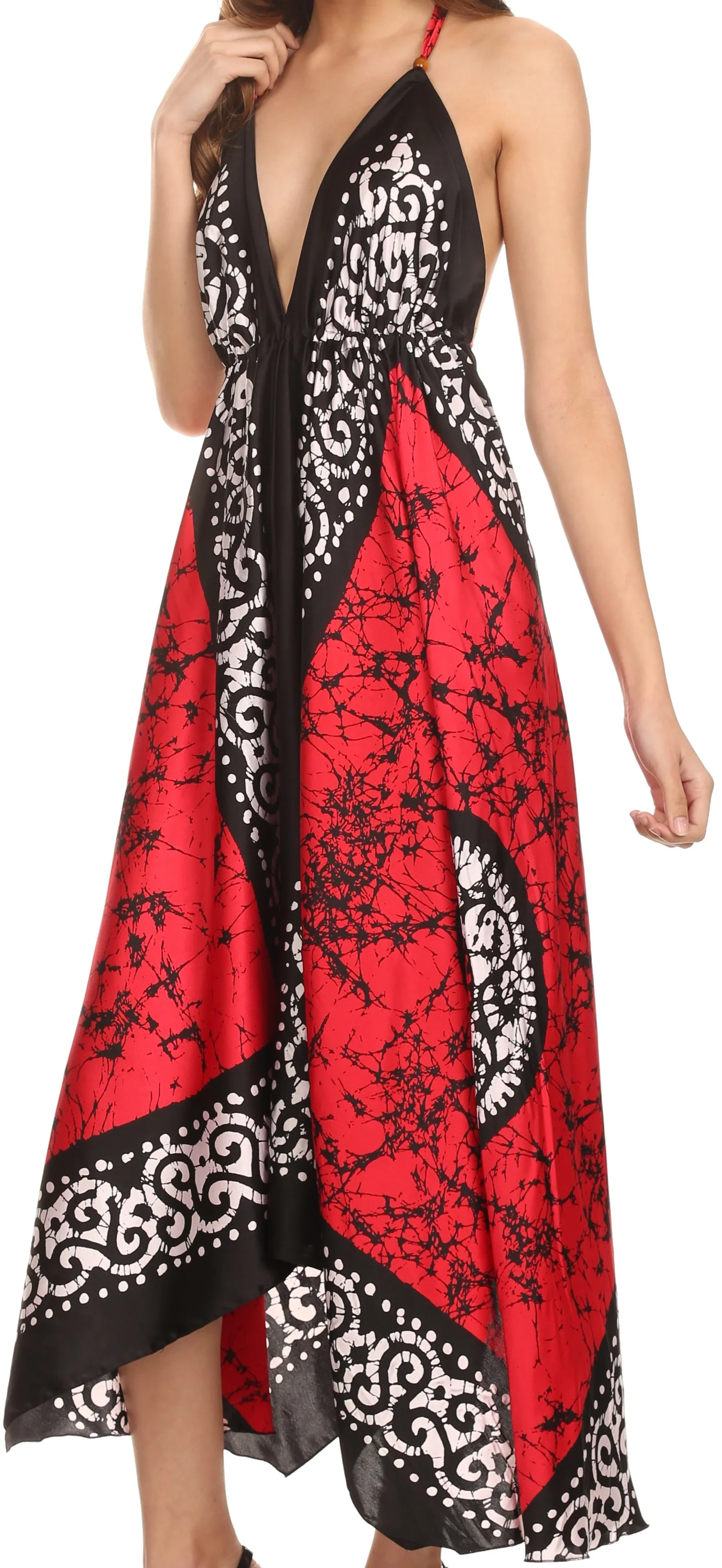 Sakkas Silky V-Neck Halter Handkerchief Hem Maxi Dress