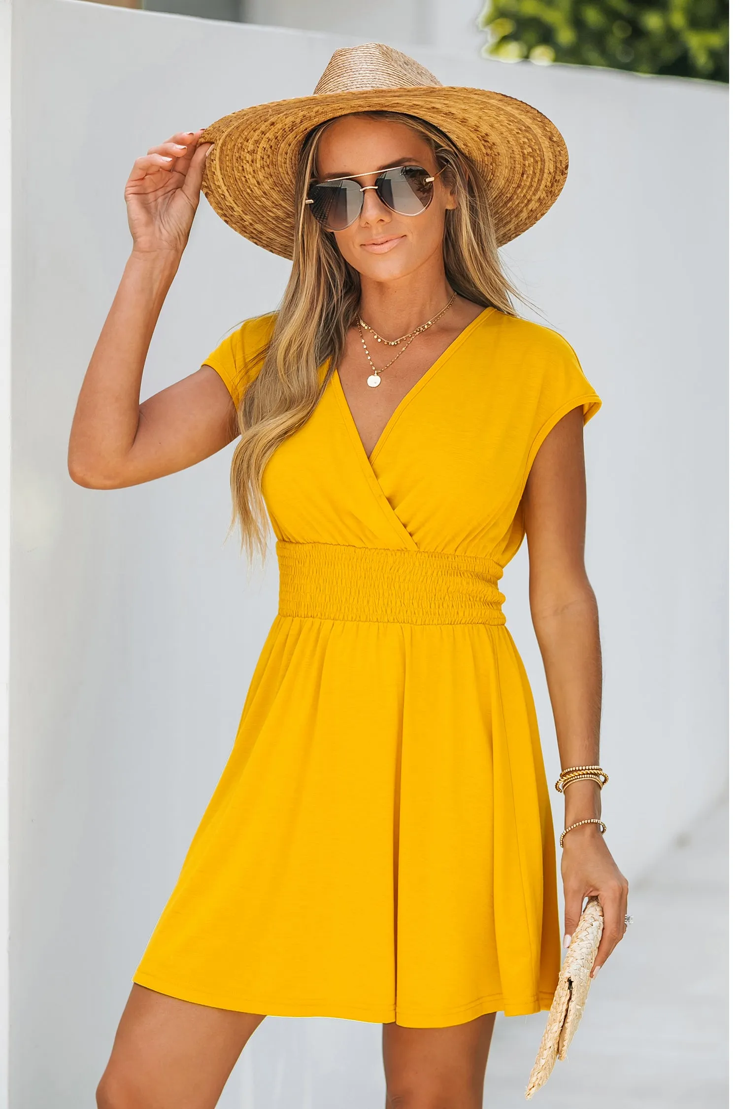 Smocked Surplice Neck Mini Dress