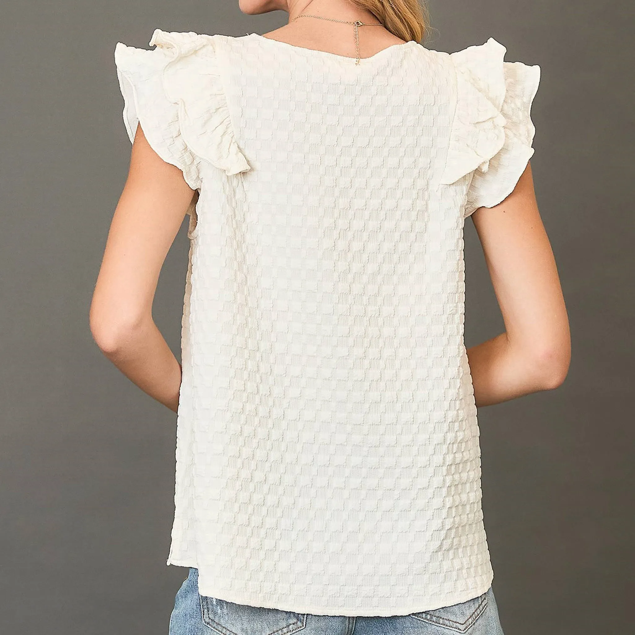 Solid Cream Waffle Textured Short Ruffled Sleeve Shirt