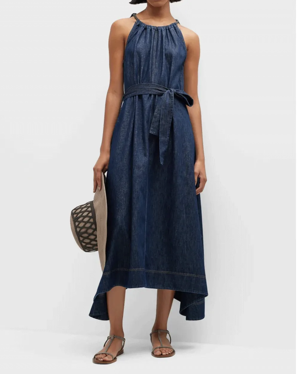 Sparkling Denim Belted Midi Dress