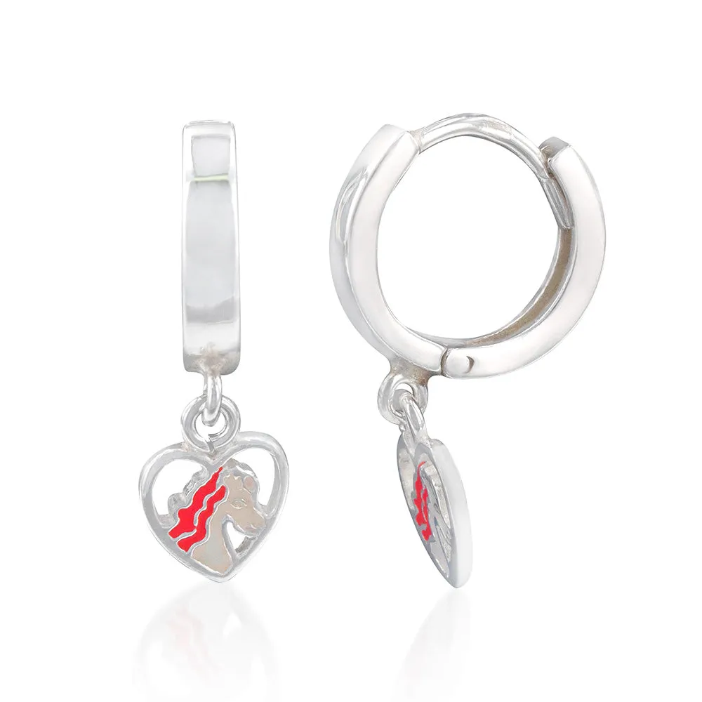 Sterling Silver Unicorn Heart On Hoop Earrings