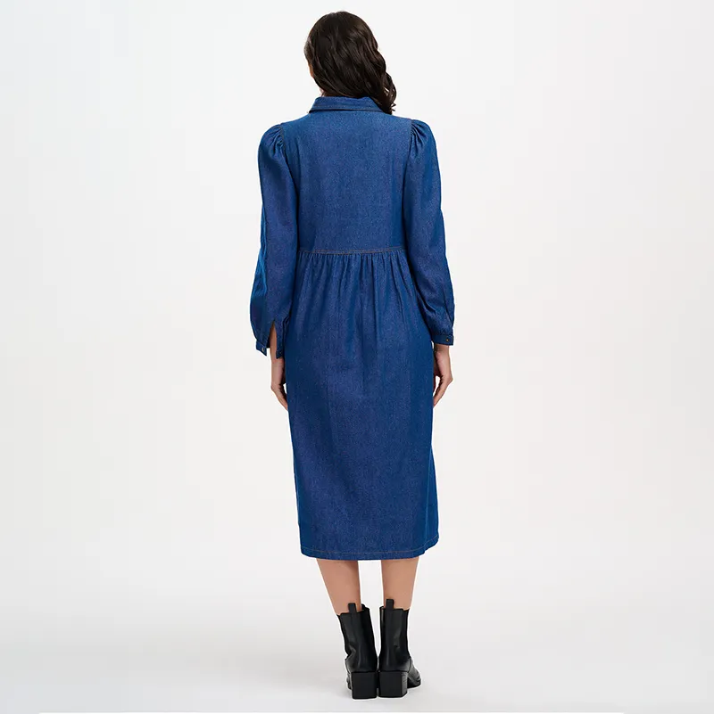 Sugarhill Kirsty Midi Smock Dress-Mid Blue Denim