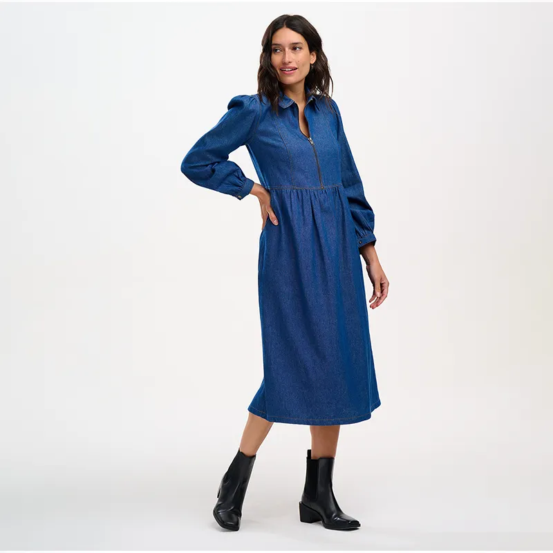 Sugarhill Kirsty Midi Smock Dress-Mid Blue Denim