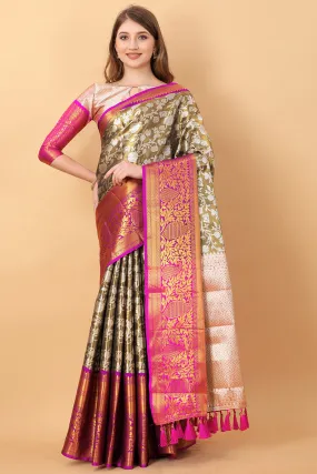 Symmetrical Black Kanjivaram Silk Saree With Proficient Blouse Piece