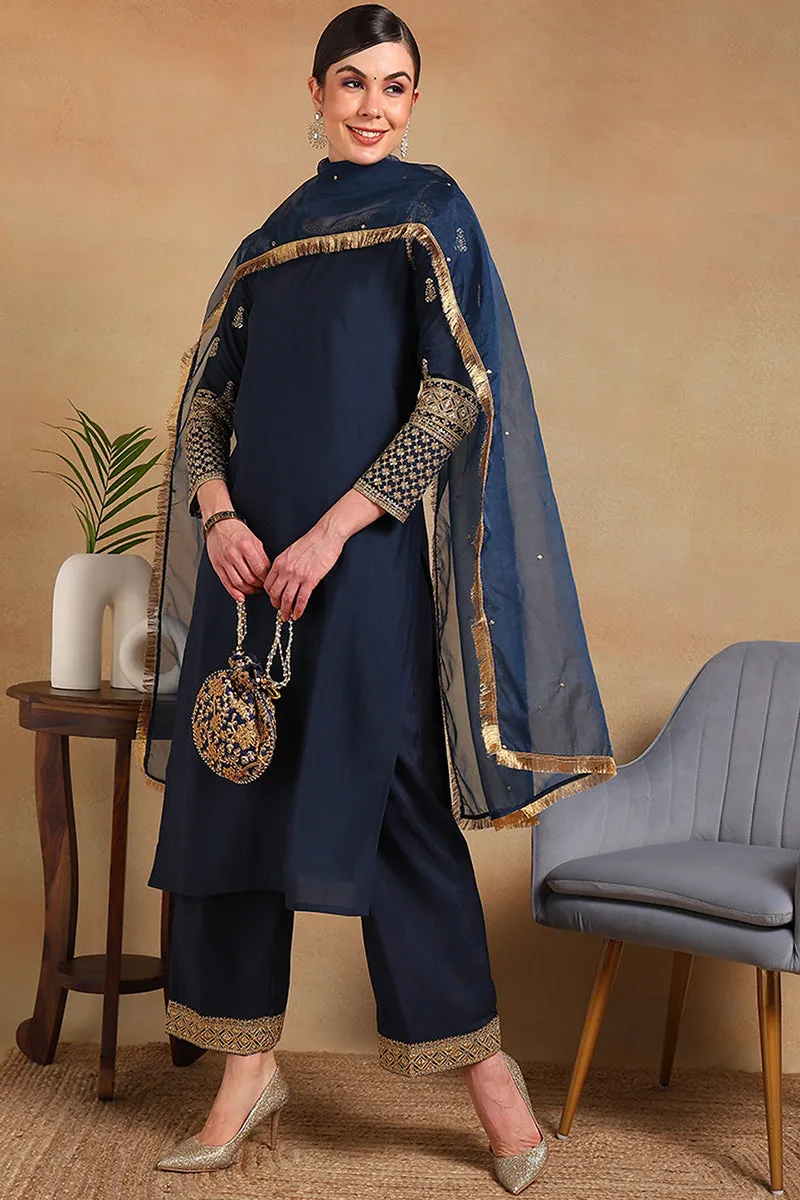 Teal Silk Blend Solid Embroidered Straight 3-Piece Kurta Set