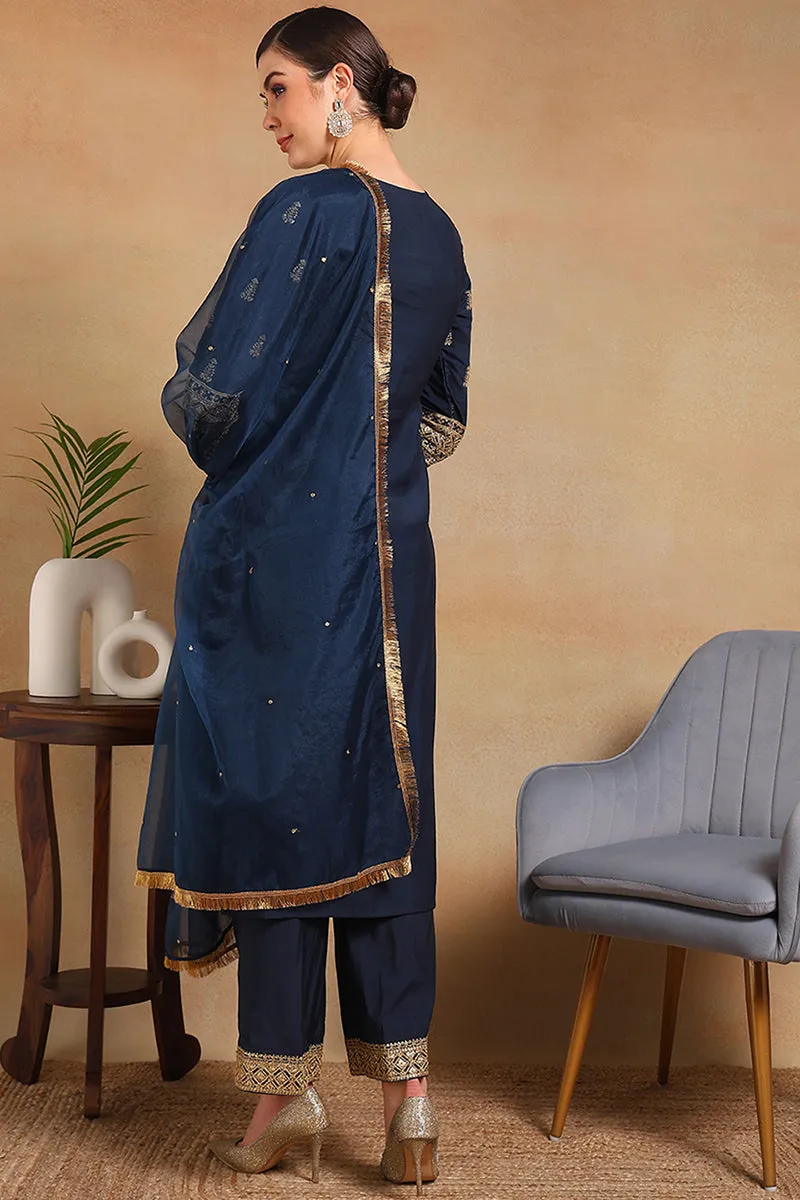 Teal Silk Blend Solid Embroidered Straight 3-Piece Kurta Set