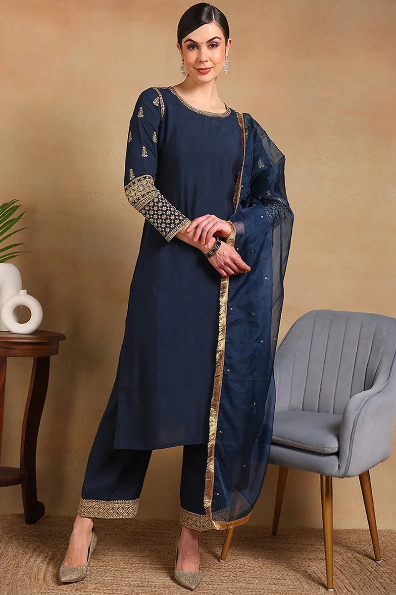 Teal Silk Blend Solid Embroidered Straight 3-Piece Kurta Set