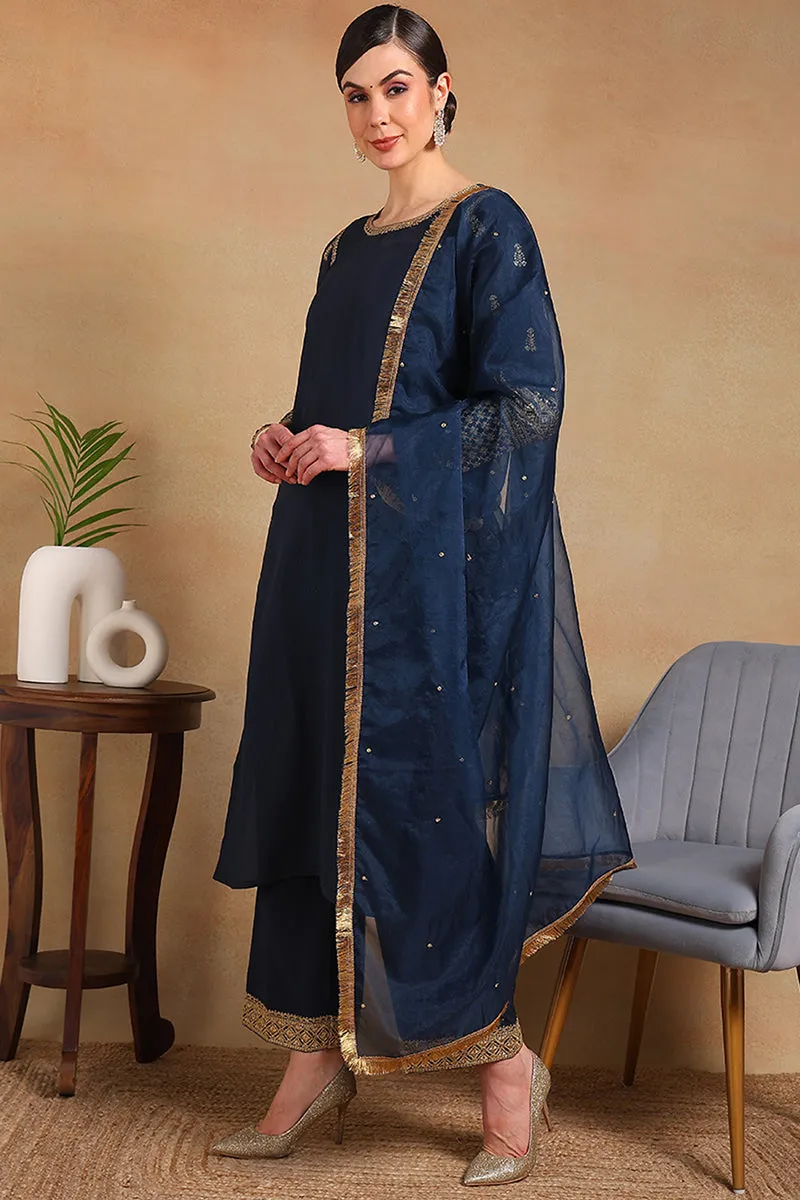 Teal Silk Blend Solid Embroidered Straight 3-Piece Kurta Set