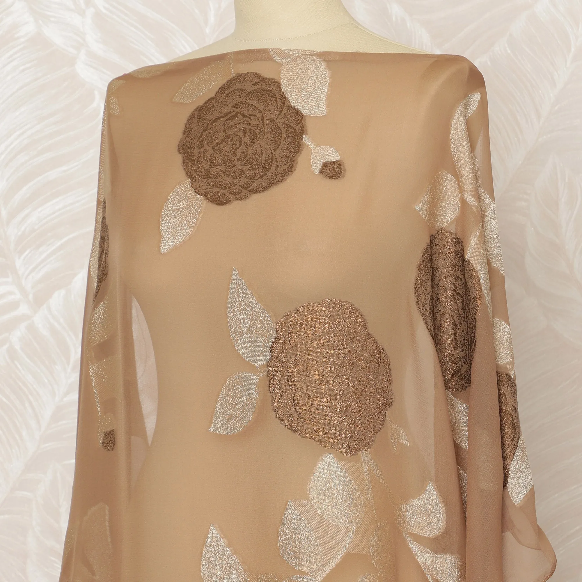 Traditional Somali Dirac Pure Silk (Fransawi) Chiffon Fabric in Nude Beige with Brown Floral Embroidery, 3.5 Meters, 140 cm Width-D20585