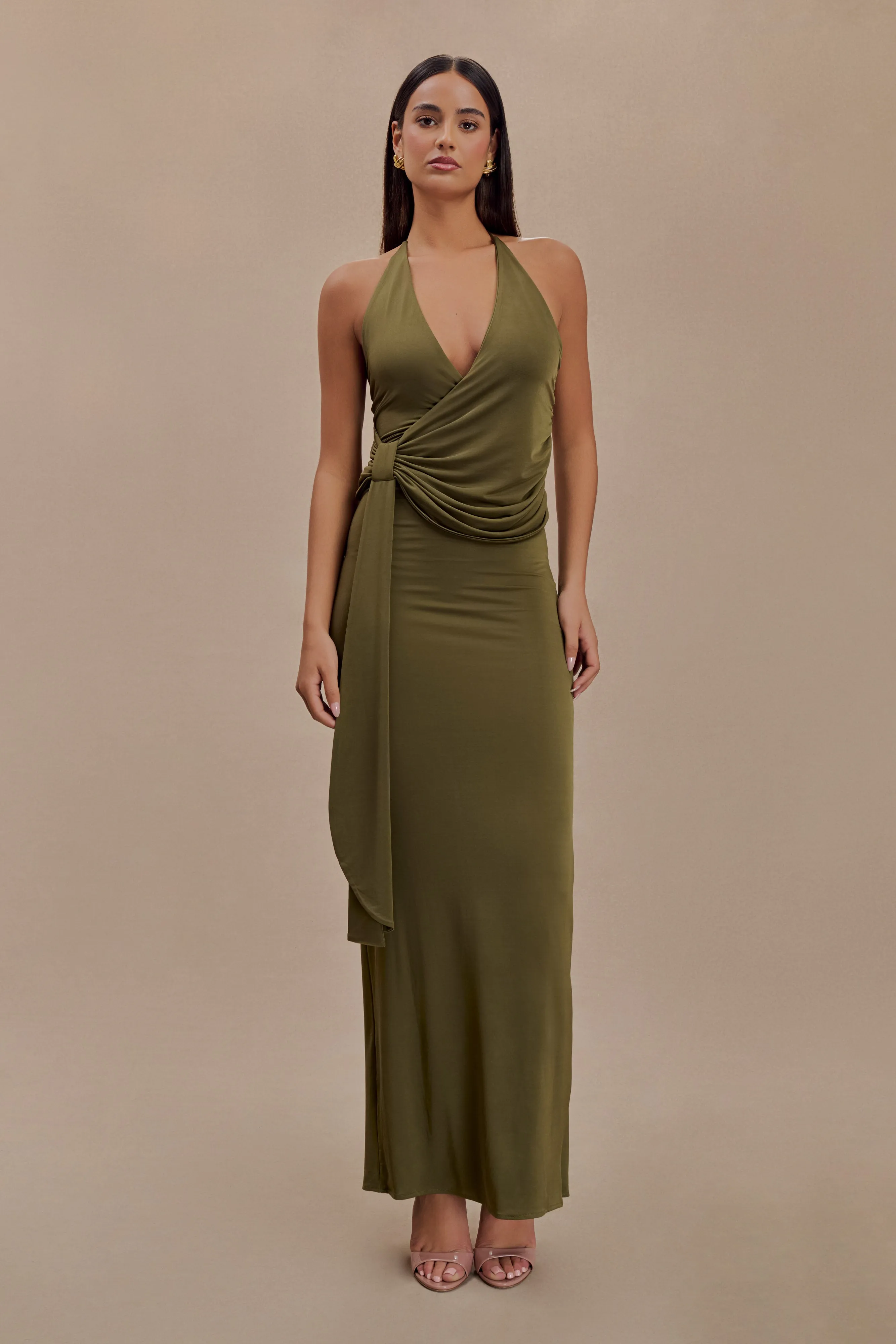 Tyla Draped Slinky Halter Maxi Dress - Dark Olive