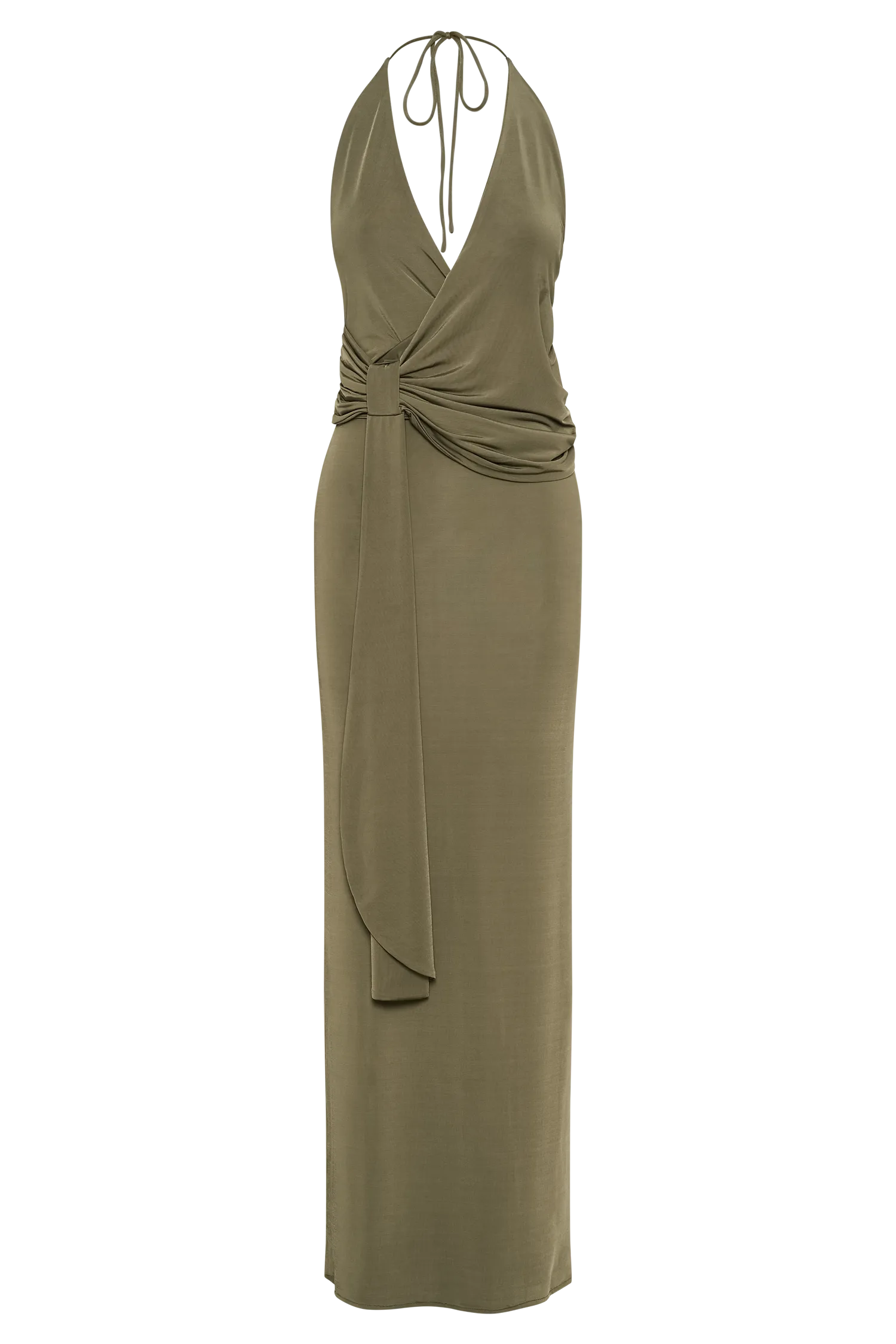 Tyla Draped Slinky Halter Maxi Dress - Dark Olive