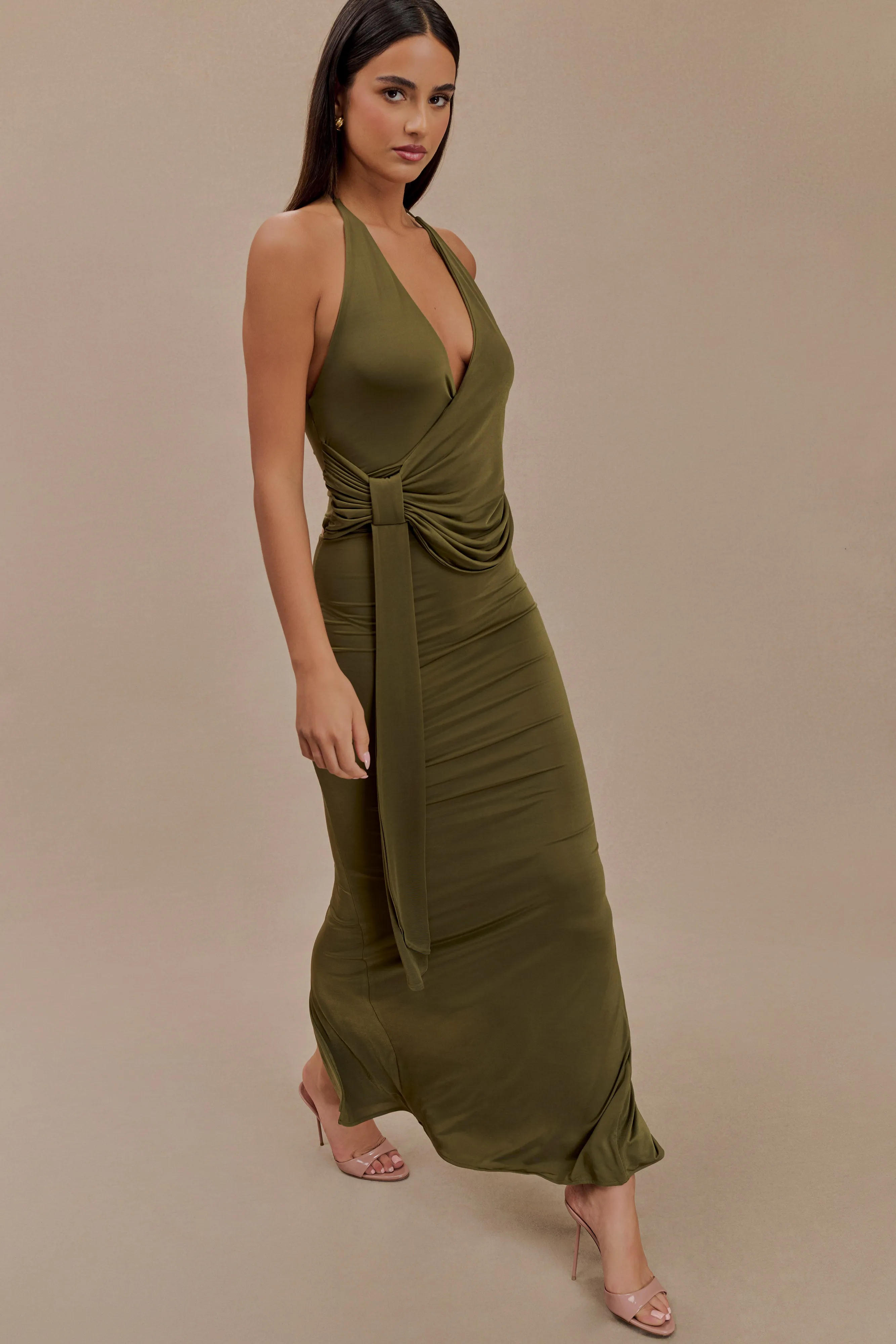 Tyla Draped Slinky Halter Maxi Dress - Dark Olive