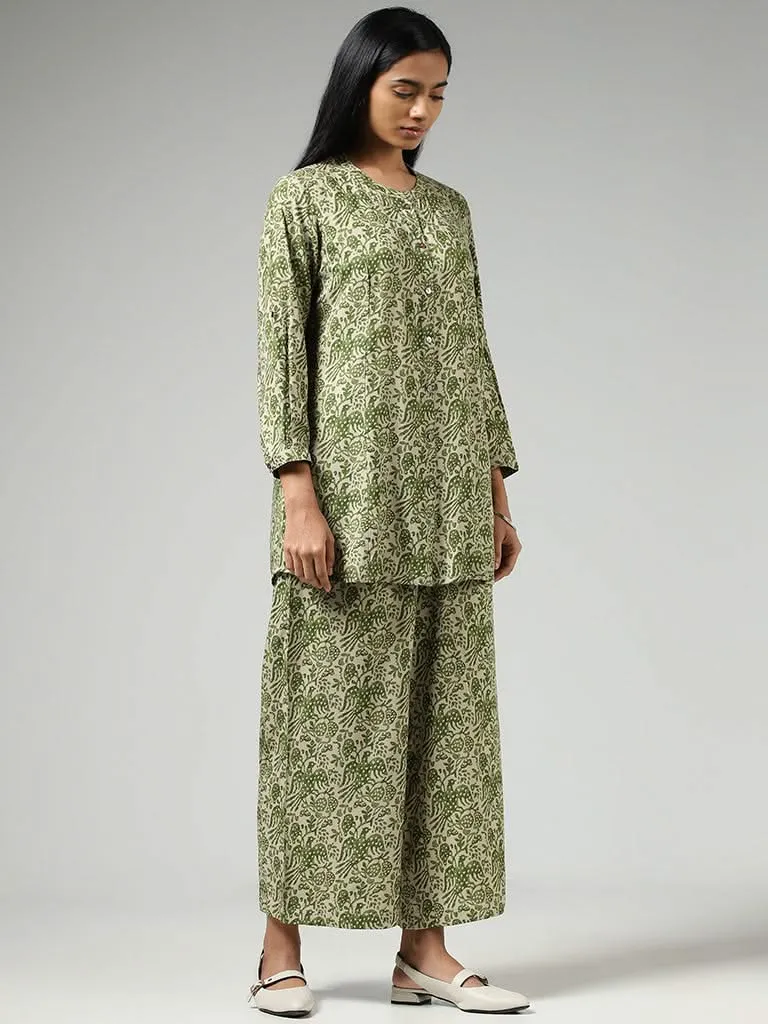 Utsa Olive Nature Printed Buttoned Down Kurti