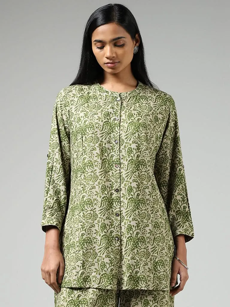 Utsa Olive Nature Printed Buttoned Down Kurti