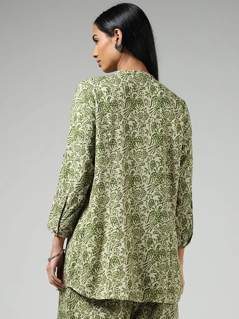 Utsa Olive Nature Printed Buttoned Down Kurti