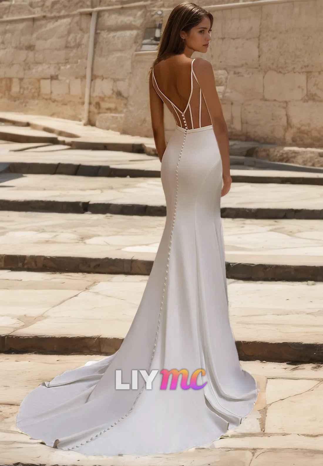 V-Neck Spaghetti Straps Sleek Mermaid Beach Wedding Dress