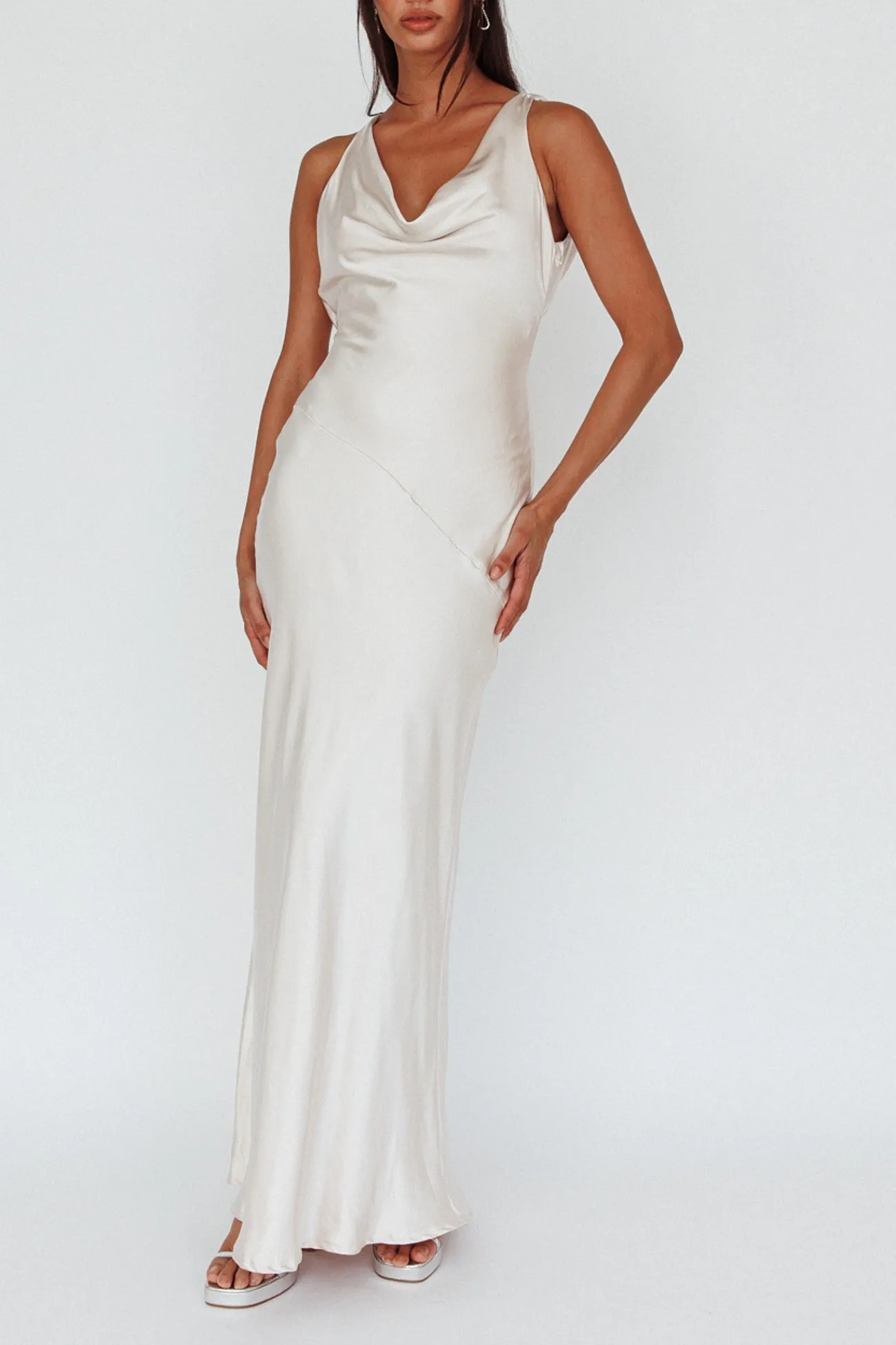 Vera Champagne Cowl Neck Open Back Maxi Dress