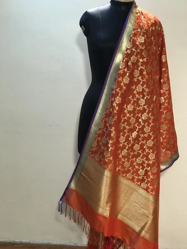 Vibrant Orange Handloom Banarasi Silk Dupatta