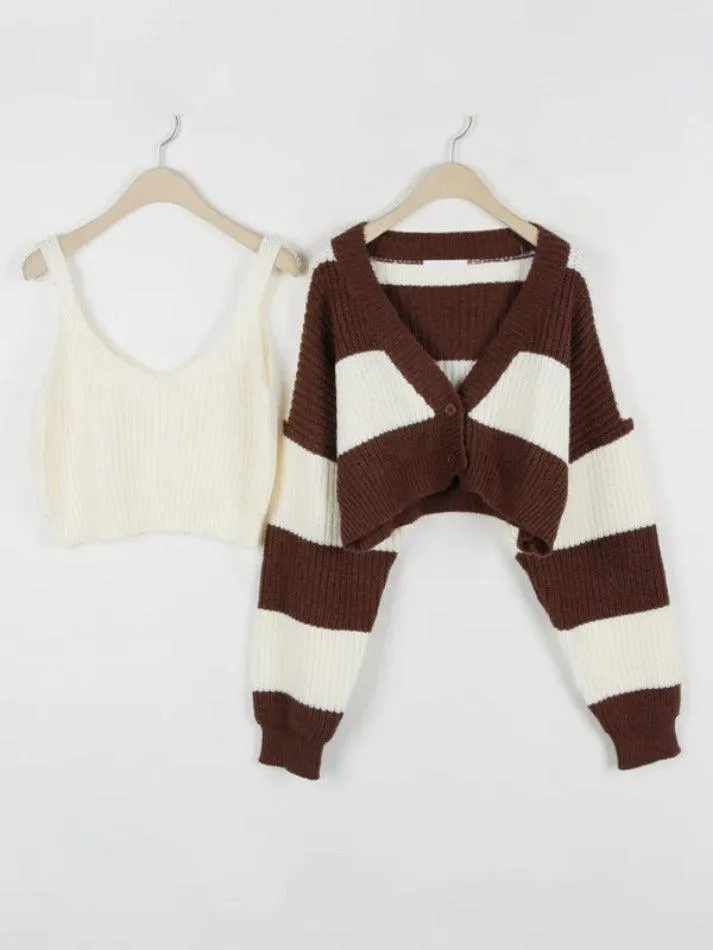 Wenkouban-Spring Casual Outfits Y2K Outfits Stripe Splice Short Knit Cardigan