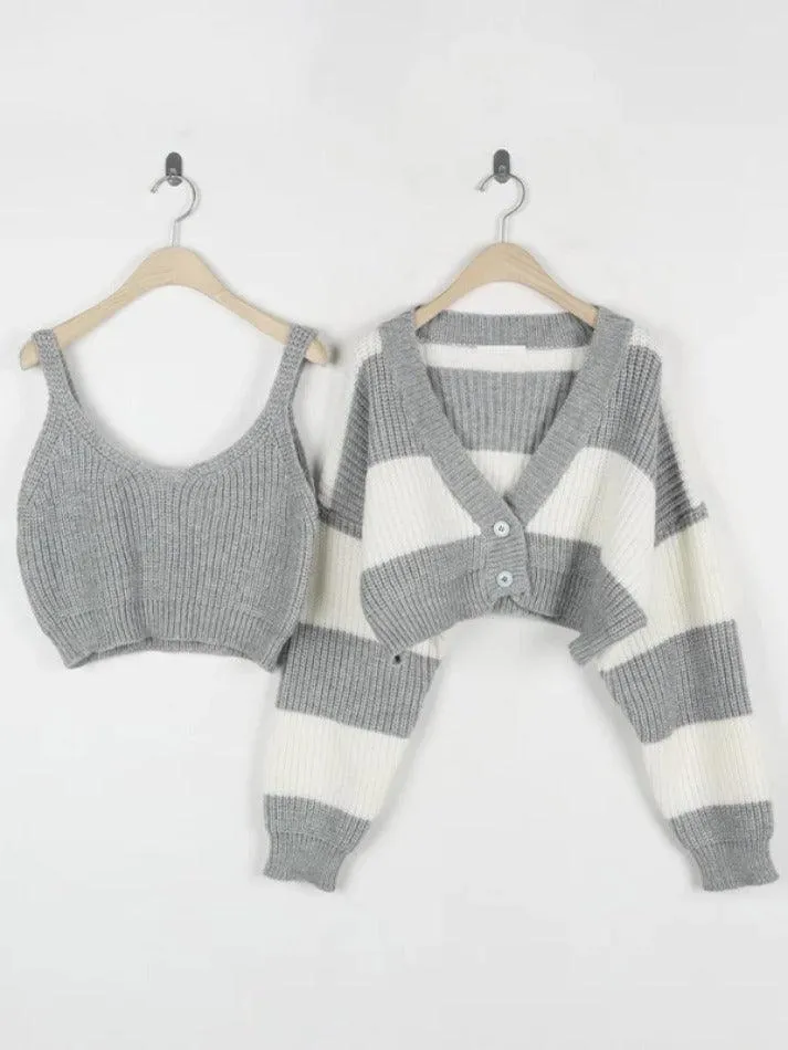 Wenkouban-Spring Casual Outfits Y2K Outfits Stripe Splice Short Knit Cardigan