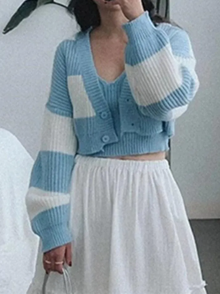 Wenkouban-Spring Casual Outfits Y2K Outfits Stripe Splice Short Knit Cardigan