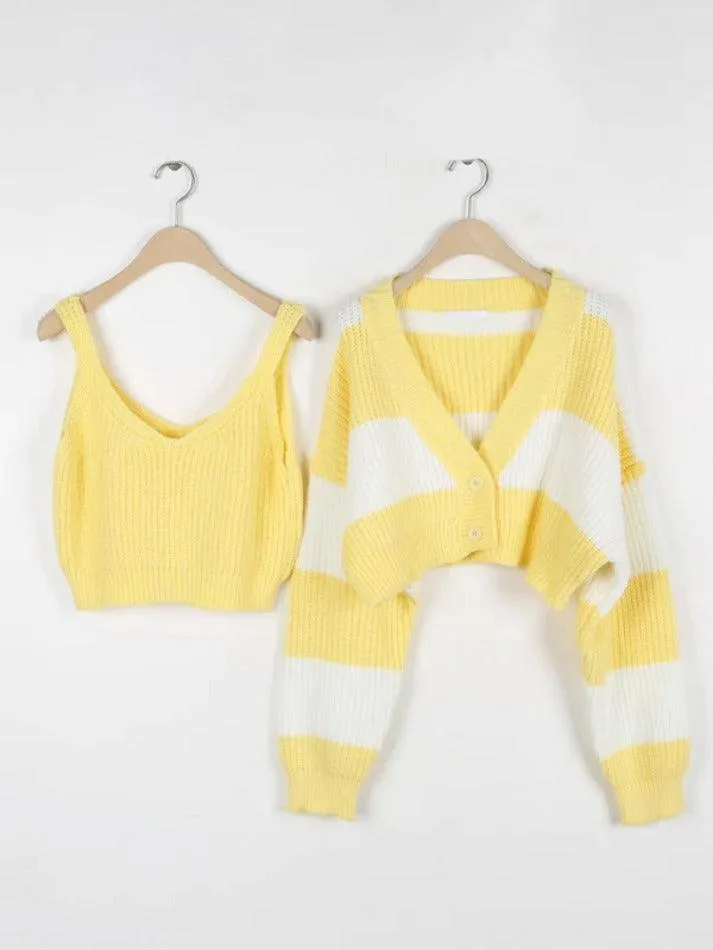 Wenkouban-Spring Casual Outfits Y2K Outfits Stripe Splice Short Knit Cardigan