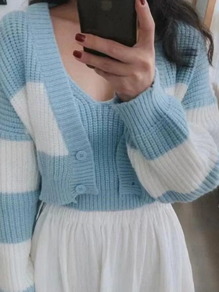 Wenkouban-Spring Casual Outfits Y2K Outfits Stripe Splice Short Knit Cardigan