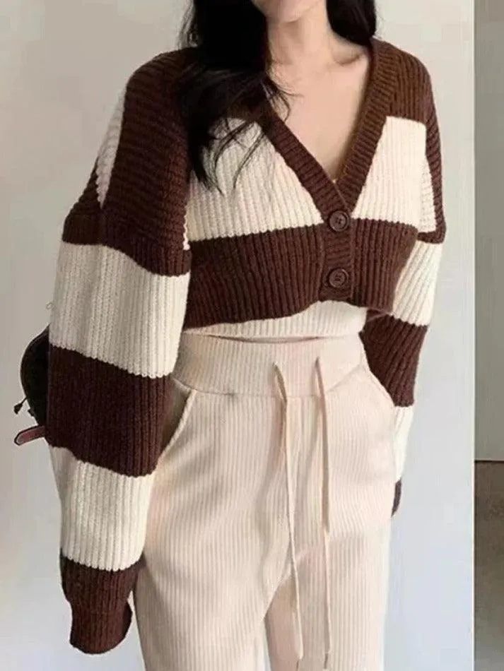 Wenkouban-Spring Casual Outfits Y2K Outfits Stripe Splice Short Knit Cardigan