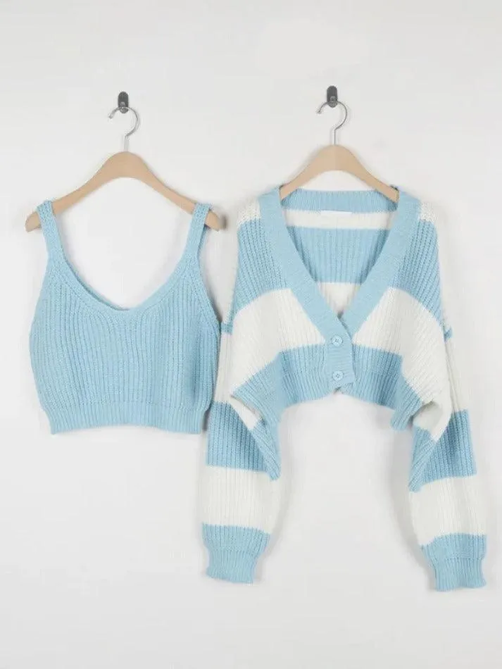 Wenkouban-Spring Casual Outfits Y2K Outfits Stripe Splice Short Knit Cardigan