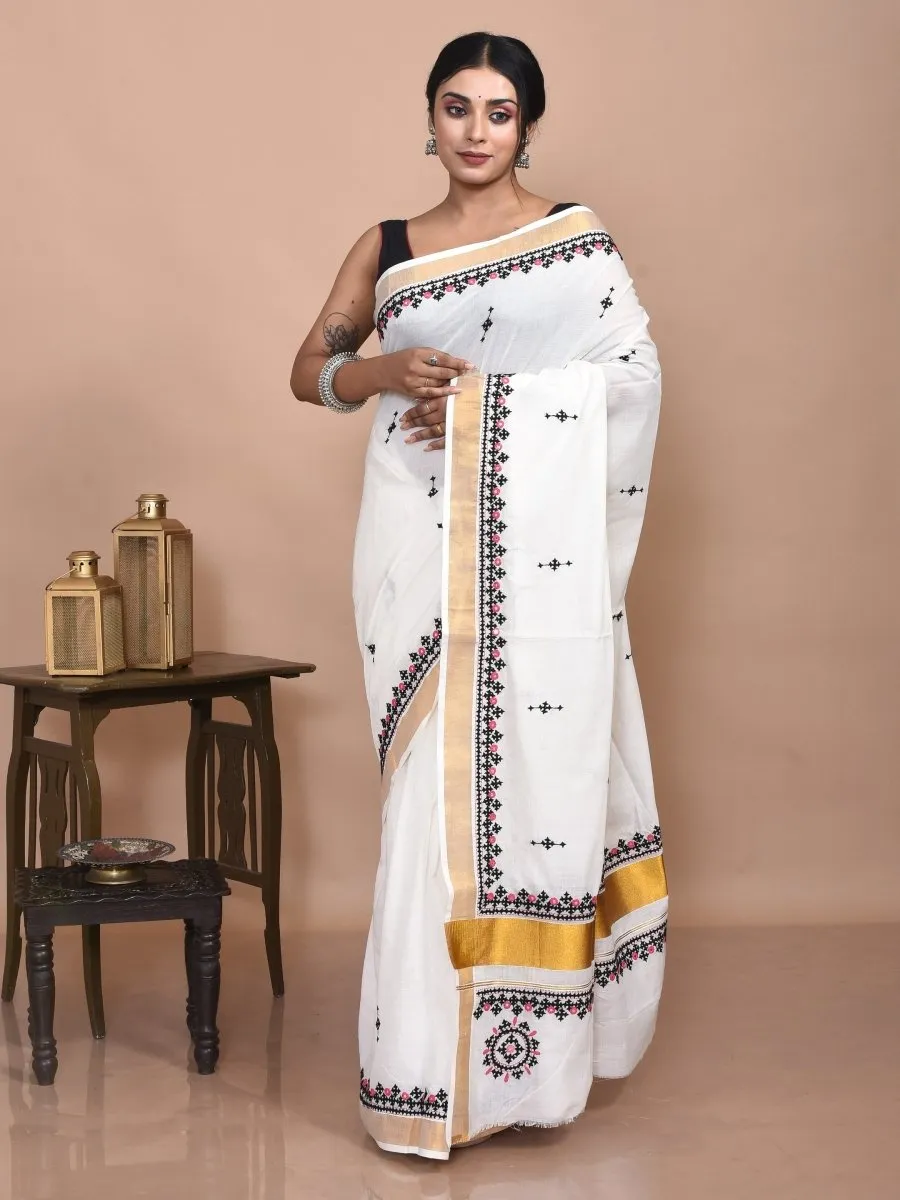 White Kerala Cotton Saree with Gujrati Hand Embroidery and Zari Border