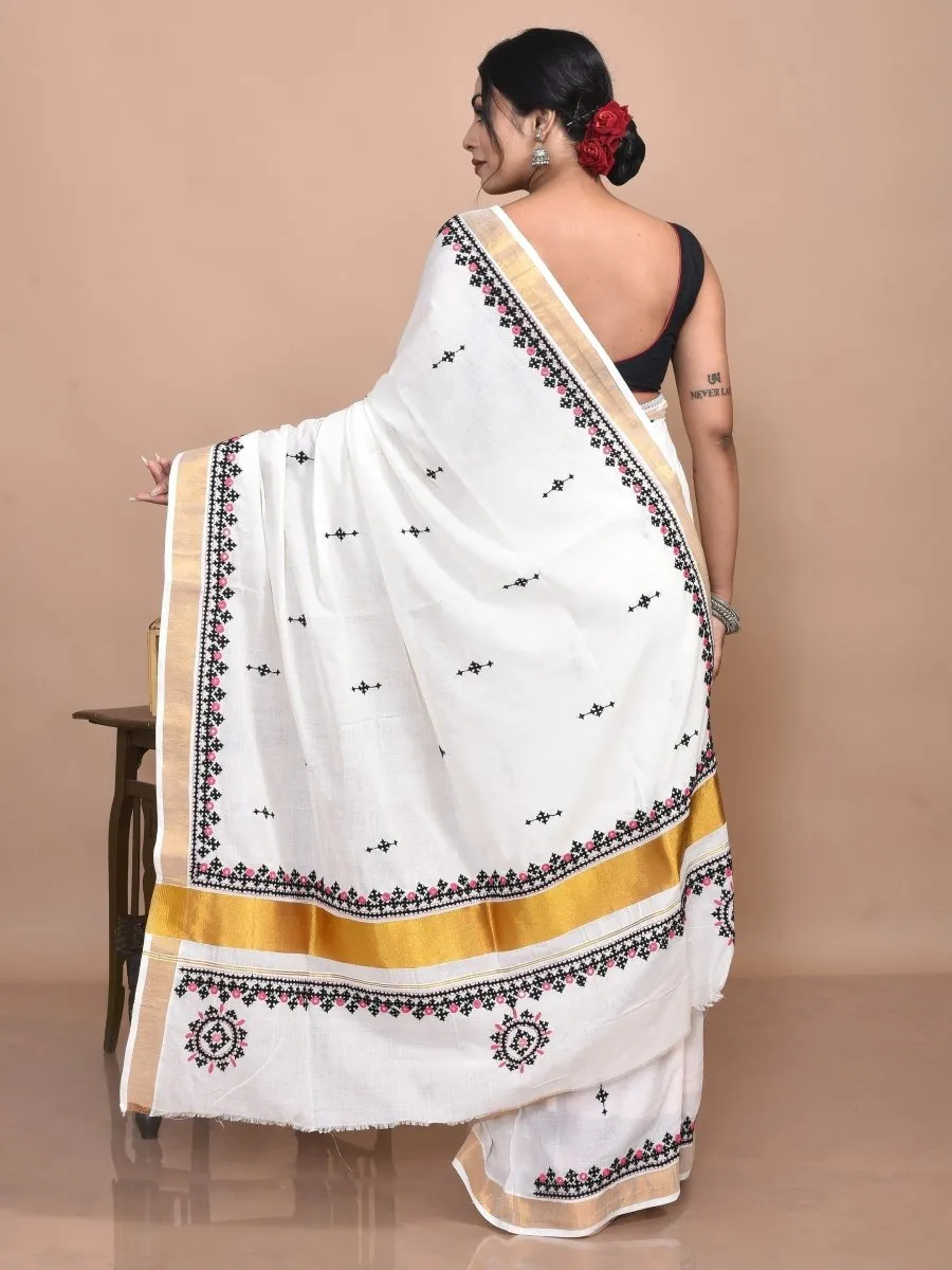 White Kerala Cotton Saree with Gujrati Hand Embroidery and Zari Border