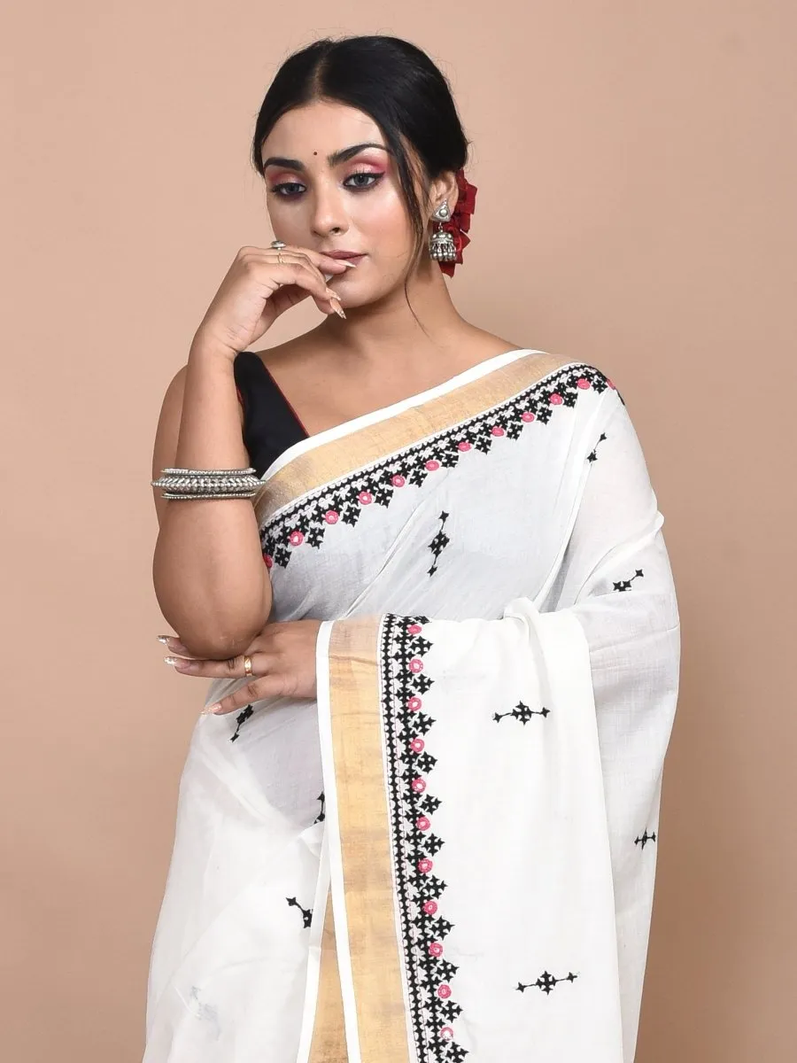 White Kerala Cotton Saree with Gujrati Hand Embroidery and Zari Border