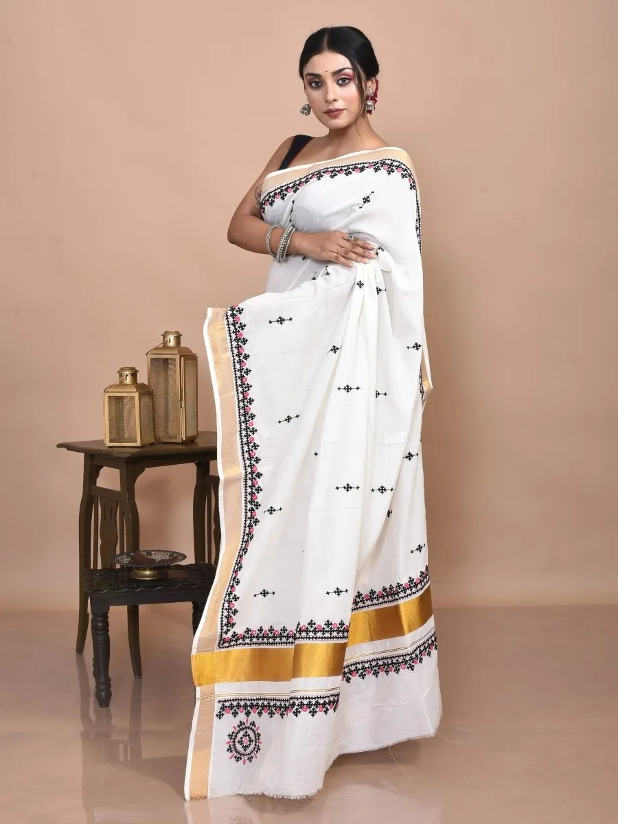 White Kerala Cotton Saree with Gujrati Hand Embroidery and Zari Border