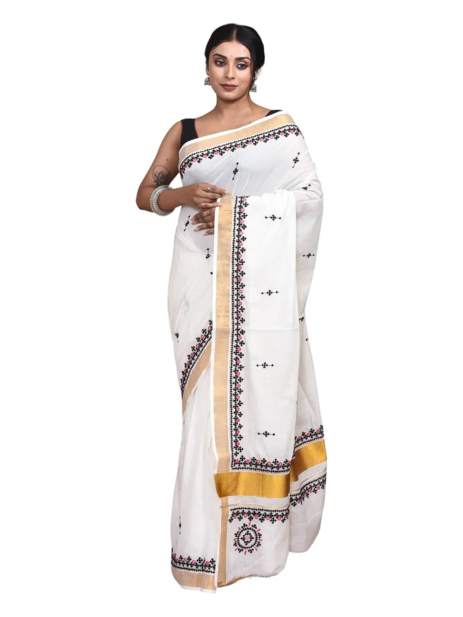 White Kerala Cotton Saree with Gujrati Hand Embroidery and Zari Border