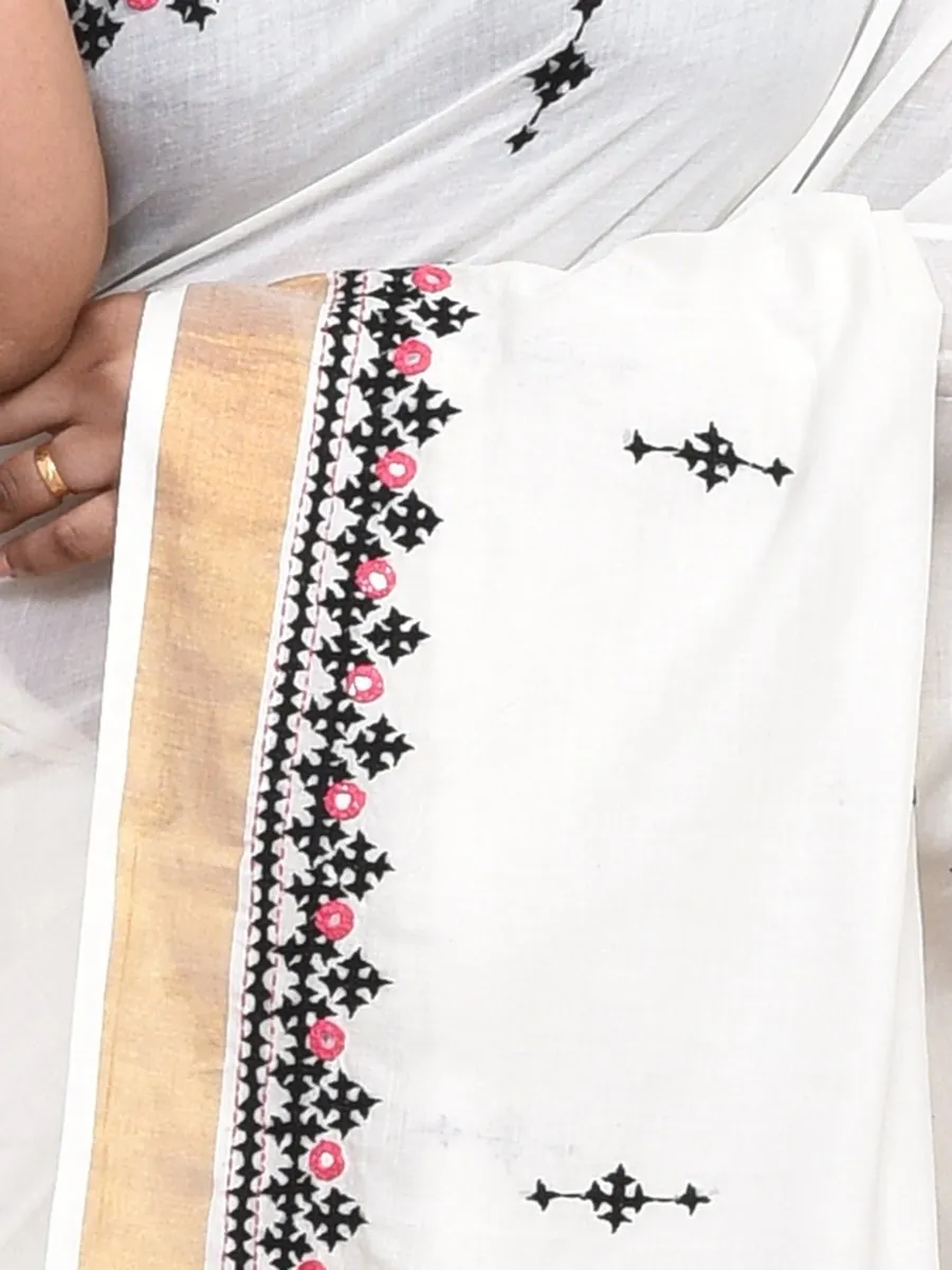 White Kerala Cotton Saree with Gujrati Hand Embroidery and Zari Border