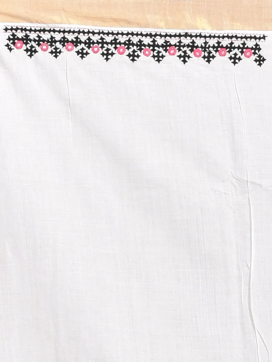 White Kerala Cotton Saree with Gujrati Hand Embroidery and Zari Border