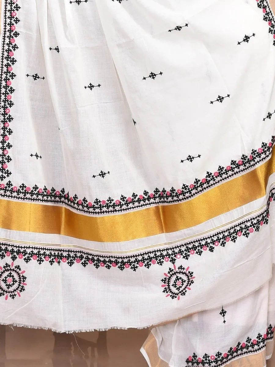 White Kerala Cotton Saree with Gujrati Hand Embroidery and Zari Border