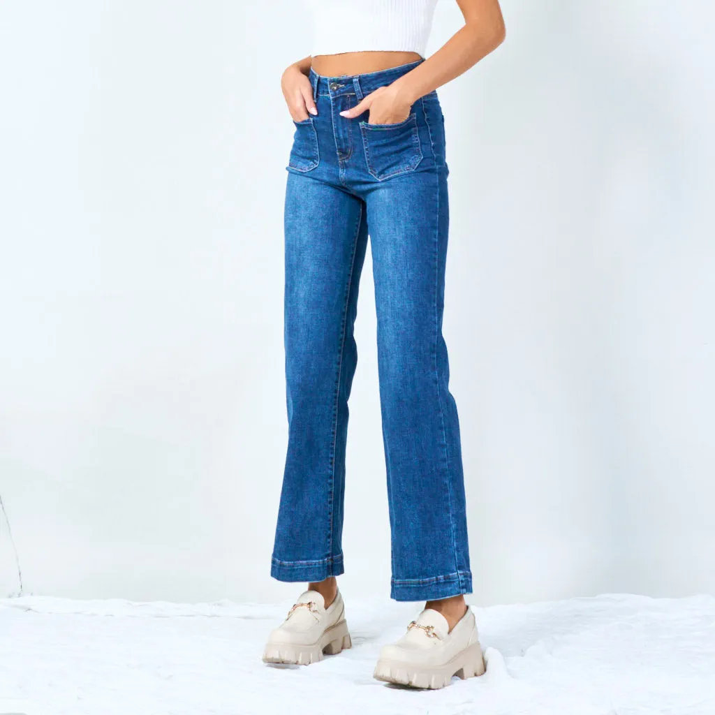 Wide-leg denim jeans with front patch pockets wholesale