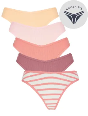 Willow (5 Pack) Ribbed Cotton Assorted Thongs in Peach Puree / Cradle Pink / Mauveglow / Mesa Rose / Stripe - Tokyo Laundry