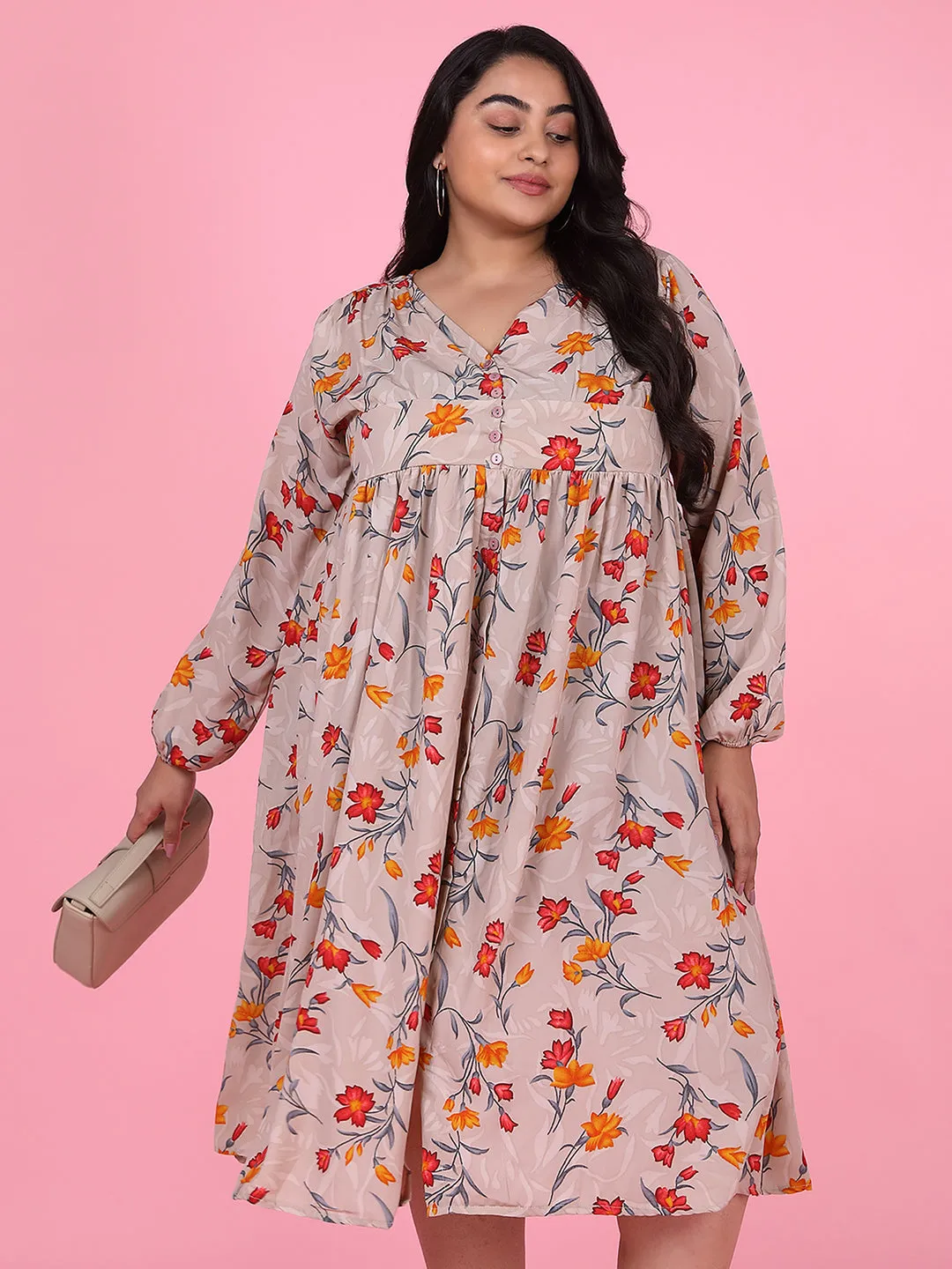 Women Floral Beige Empire Midi Dress