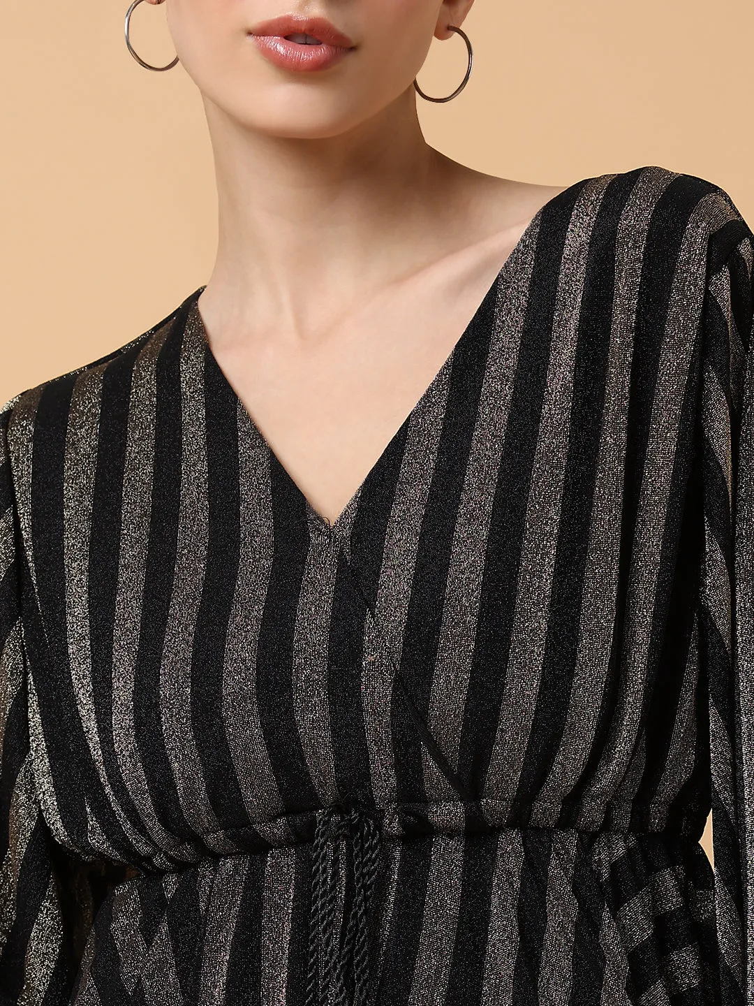 Women V-Neck Striped Empire Bronze Dress