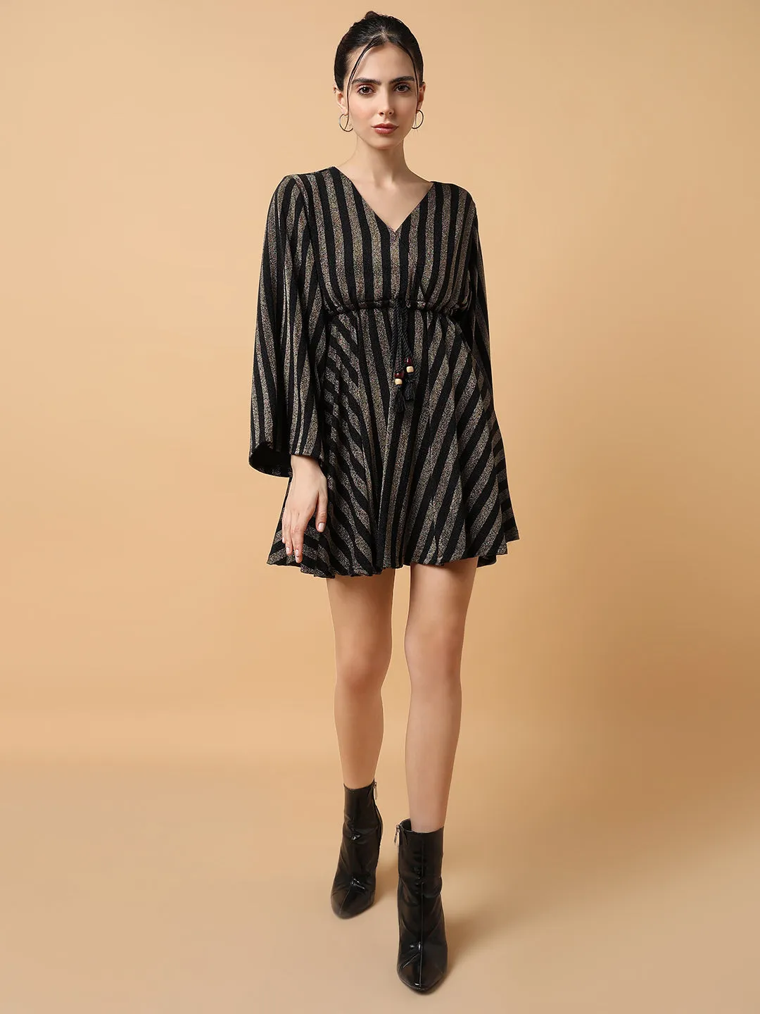 Women V-Neck Striped Empire Bronze Dress