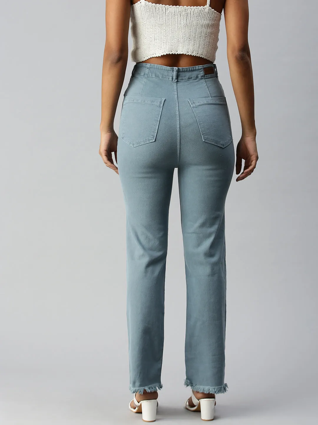 Women's Blue Solid Denim Relaxed Jeans