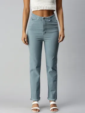 Women's Blue Solid Denim Relaxed Jeans