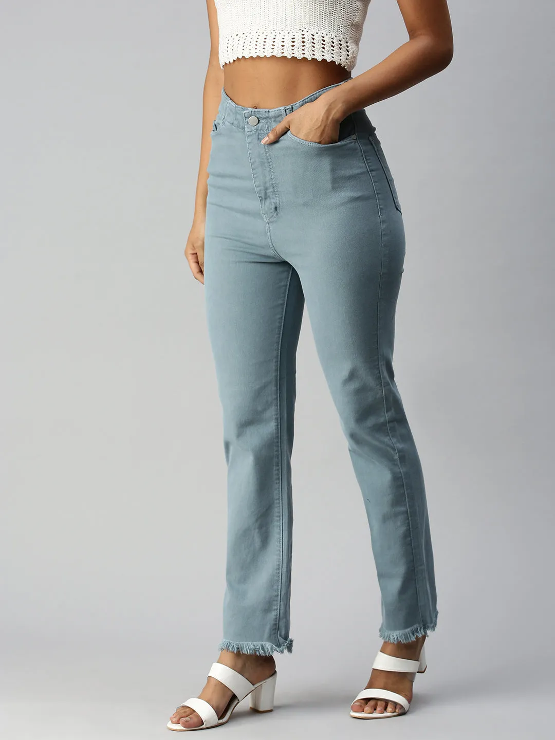 Women's Blue Solid Denim Relaxed Jeans